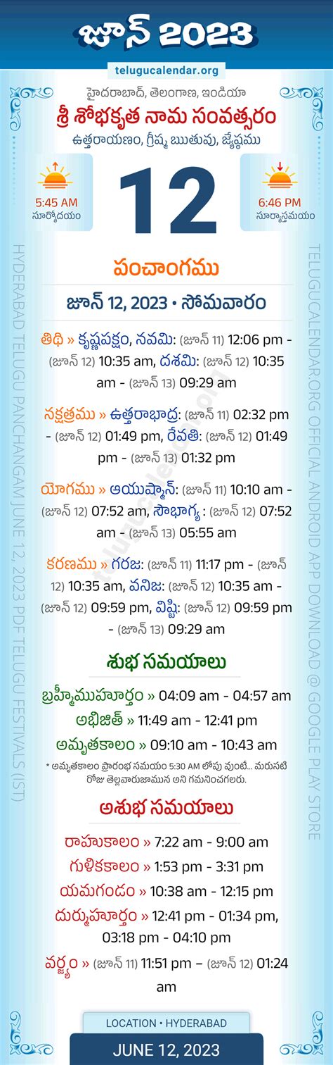 Telangana Panchangam June 12 2023 Telugu Calendar Daily