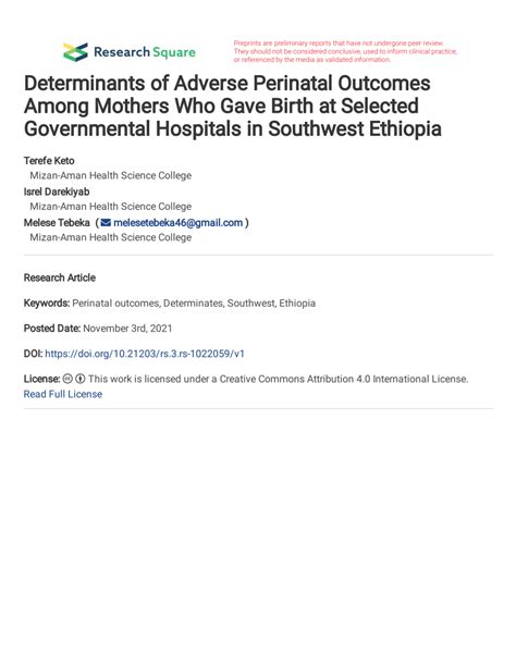 Pdf Determinants Of Adverse Perinatal Outcomes Among Mothers Who Gave