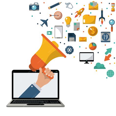 Premium Vector | Hand holding speaker laptop marketing news media