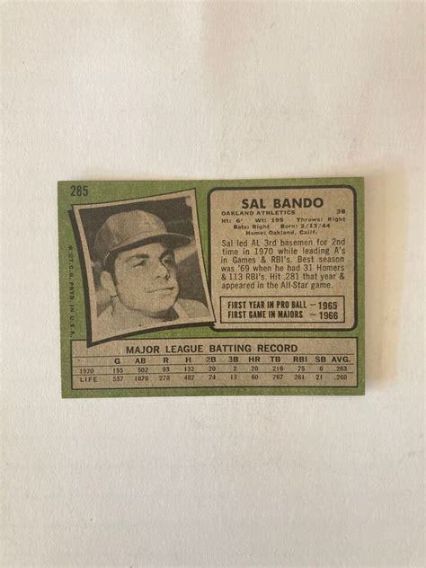 1971 Topps Set Break SAL BANDO Baseball Card 285 Id 9 Oakland A S