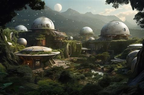 Premium Photo A Moon Settlement With Domed Buildings And Green Gardens