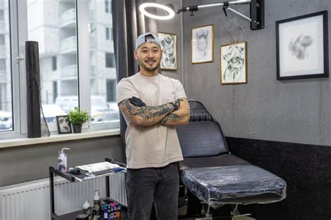 Asian Young Man Standing In The Tattoo Salon Stock Image Image Of