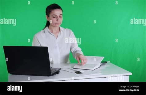 Young Business Woman Phoning Client Working Laptop Green Screen