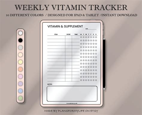 Digital Weekly Vitamin Log Nutritional Supplement Checklist Daily