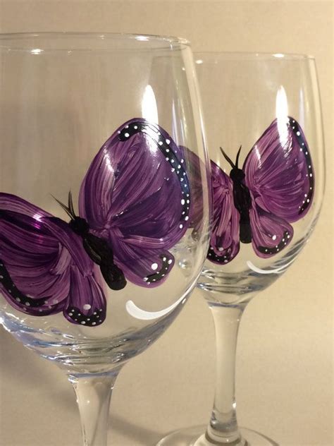 Wine Glass Purple Butterfly Glasses Hand Painted Wine Glasses Painted Wine Glasses Wine Glass