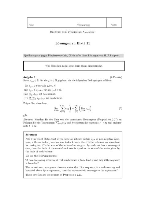 Lösungen zu Blatt 11 Übungen zur Vorlesung Analysis I Name