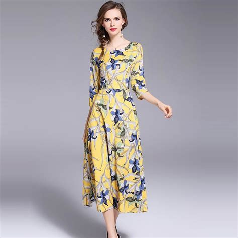 New 2018 Floral Printed Patchwork Yellow Vintage Dress Women Sexy Round