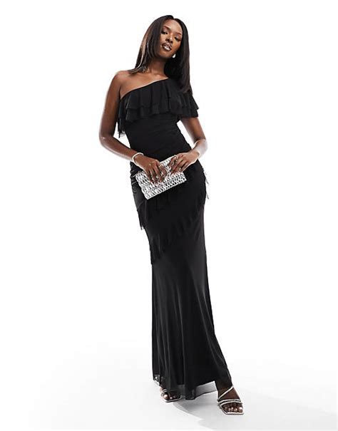 Flounce London Netzstoff Maxikleid In Schwarz Mit One Shoulder Träger