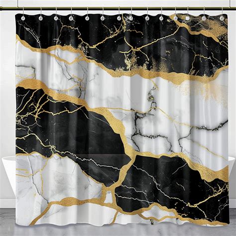 Black And White Marble Shower Curtain With Golden Veins Bathroom