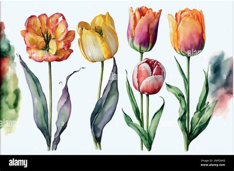 Hand Painted Watercolor Tulips On White Background Stock Vector Image