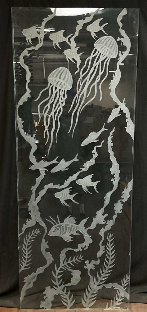 Lot Large Seascape Etched Glass Art Panel