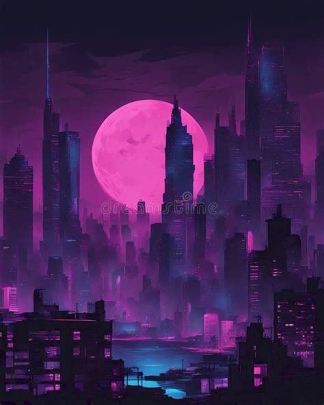 Cyberpunk City Skyline at Night Stock Illustration - Illustration of ...