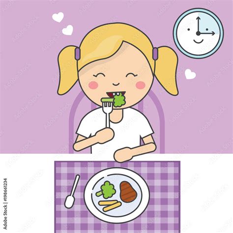 Little girl eating dinner - Vector flat illustration Stock Vector | Adobe Stock