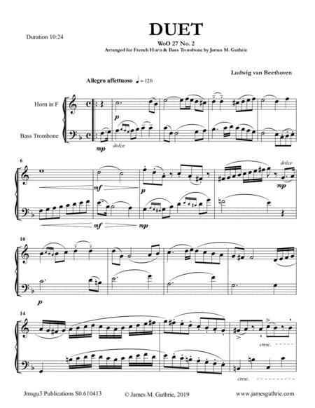 Beethoven Duet WoO 27 No 2 For French Horn Bass Trombone Arr