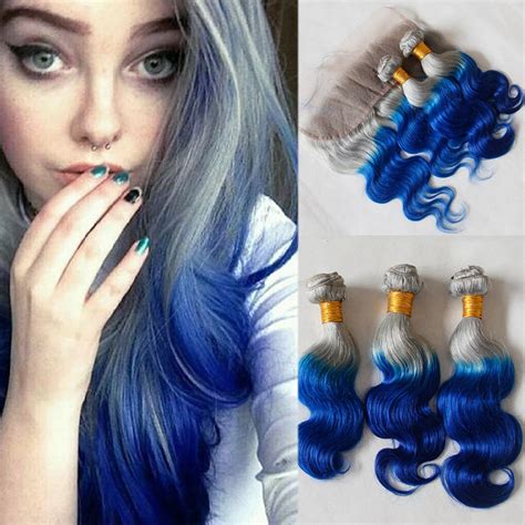 Guanyuhair Ombre Silver Grey Blue Body Wave 3 Bundles With Frontal