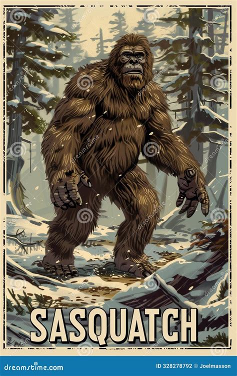 Bigfoot Poster Cryptid Art Sasquatch Card Illustration Stock