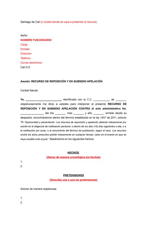 Modelo De Recurso De Reposicion Santiago De Cali O Ciudad Donde Se