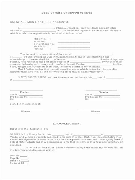 Deed Of Sale Form Car