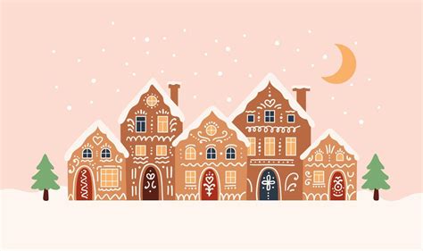 Gingerbread Houses Christmas Scene Cute Vector Illustration In Flat