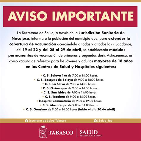 SSalud Tabasco on Twitter JORNADA INTENSIVA DE VACUNACIÓN CONTRA EL