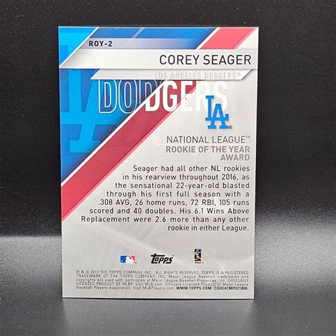 2017 Topps ROY Award ROY 2 Corey Seager Los Angeles Dodgers Baseball