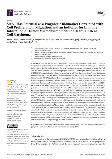 PDF SAA1 Has Potential As A Prognostic Biomarker Correlated With Cell