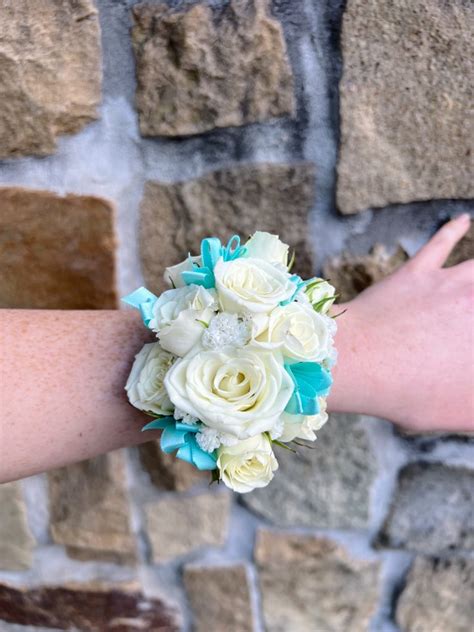 White Wrist Corsage With Aqua Ribbon The Lush Lily Brisbane Gold