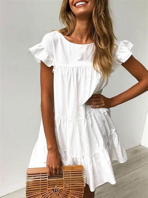 Dealcrafty White Casual Cotton Short Sleeve Weaving Dress White L