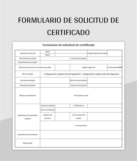 Plantilla De Excel Formulario De Solicitud De Certificado Y Hoja De