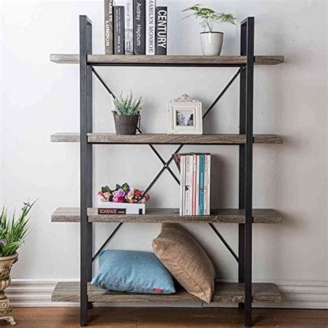 Hsh Shelf Vintage Industrial Bookshelf Rustic Gray Wood And Metal