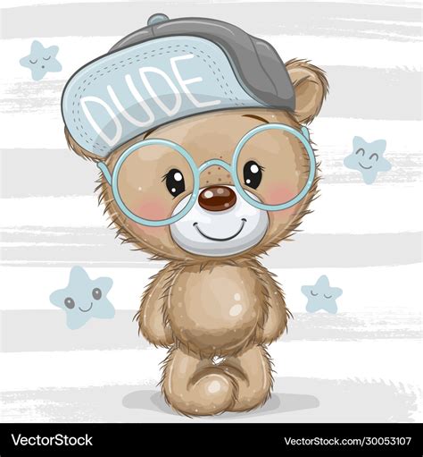 Cartoon Teddy Bear With A Blue Cap And Glasses Vector Image