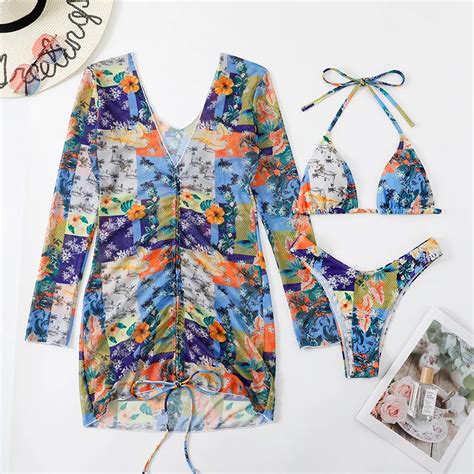 Miyouj 2023 New Sexy 3 Piece Bikini Set Swimsuit Women Long Sleeve Cover Up Halter Swimwear