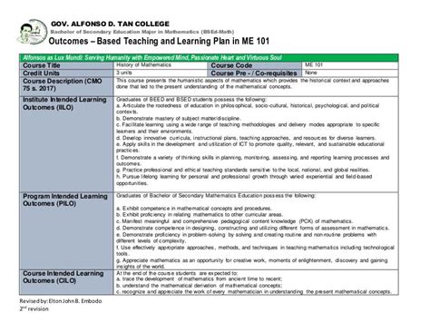 Outcomes Based Teaching Learning Plan Obtlp History Of Mathematics