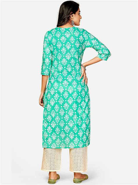 Kalini Women Sea Green And White Ethnic Motifs Printed Mirror Work Kurta