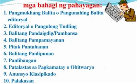 mga bahagi ng pahayagan: pangmukhang balita o pangunahing balita editoryal editoryal o pangulong ...