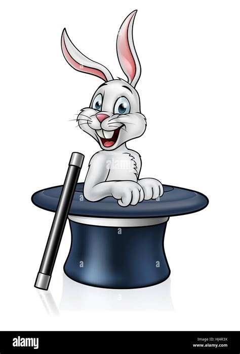 A Cartoon White Rabbit Coming Out Of A Magic Hat With A Magicians Stock