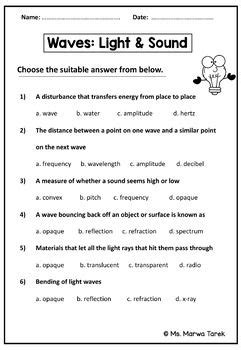 the worksheet for waves light and sound is shown in black and white ...