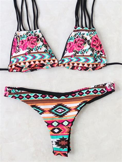 Geo And Flower Print Strappy Bikini Set Shein Sheinside