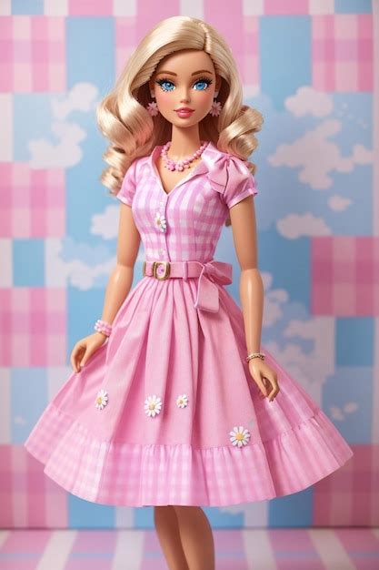 Mu Eca Barbie Con Vestido Rosa A Cuadros Foto Premium