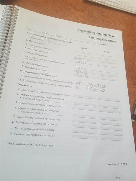 Solved Experiment 8 Report Sheet Date Limiting Reactant Lab