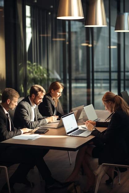 Un grupo de personas están sentadas en una mesa con computadoras