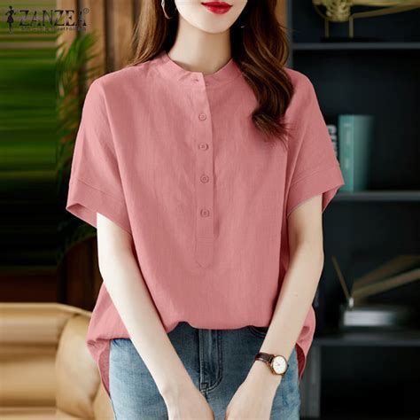 ZANZEA Women Vintage Commute Mock Neck Shirt Business Leisure Cotton