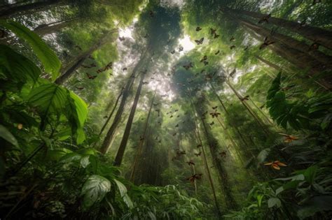 Grupo De Borboletas Voando Em Forma O Acima Da Floresta Exuberante