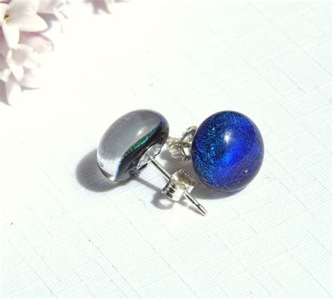 Teal Dichroic Glass Stud Earrings Fused Glass Jewelry Blue Etsy