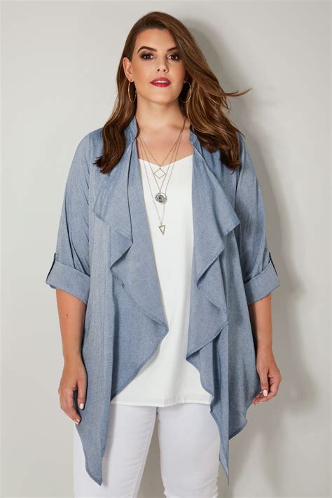 Blue Chambray Waterfall Cardigan, plus size 16 to 36