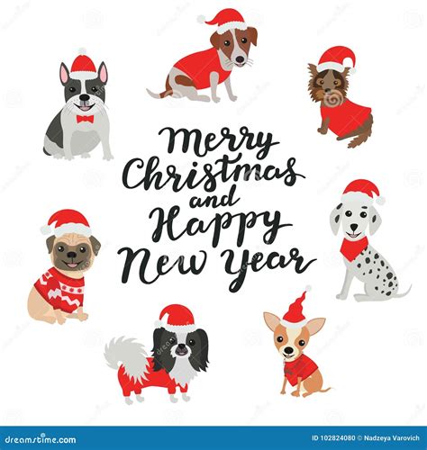 Merry Christmas and Happy New Year. Happy Dogs in Costumes Santa Claus Stock Vector ...