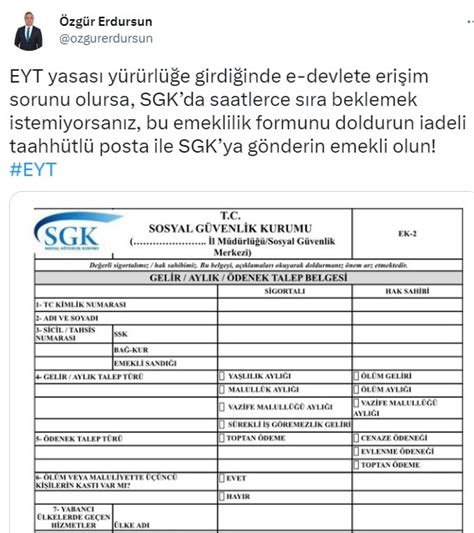 Emeklilik başvuru formu SGK Gelir Aylık Ödenek Talep Belgesi PDF örneği