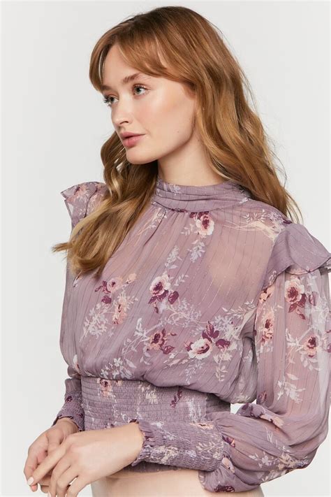 Forever Floral Print Smocked Mock Neck Top Lilac Rose Forever Usa