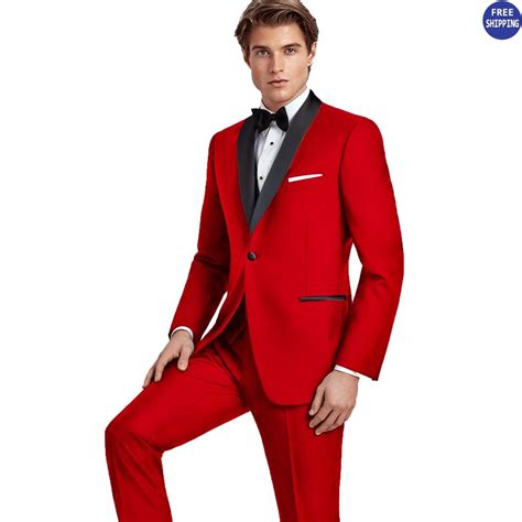 Red Tuxedo With Black Lapel Slim Fit One Button Prom Wedding