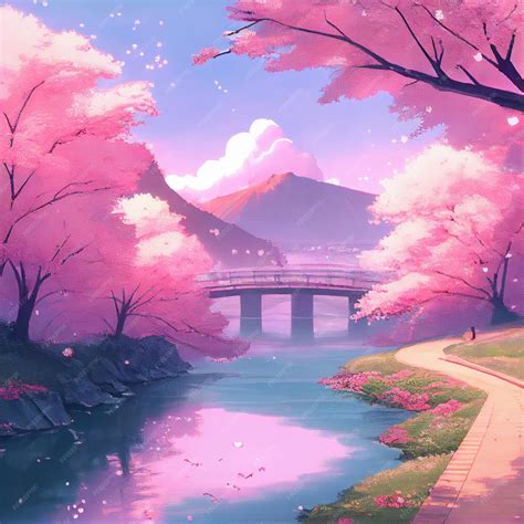 Premium Photo Japanese Cherry Blossom Trees And Lake Landscape Anime